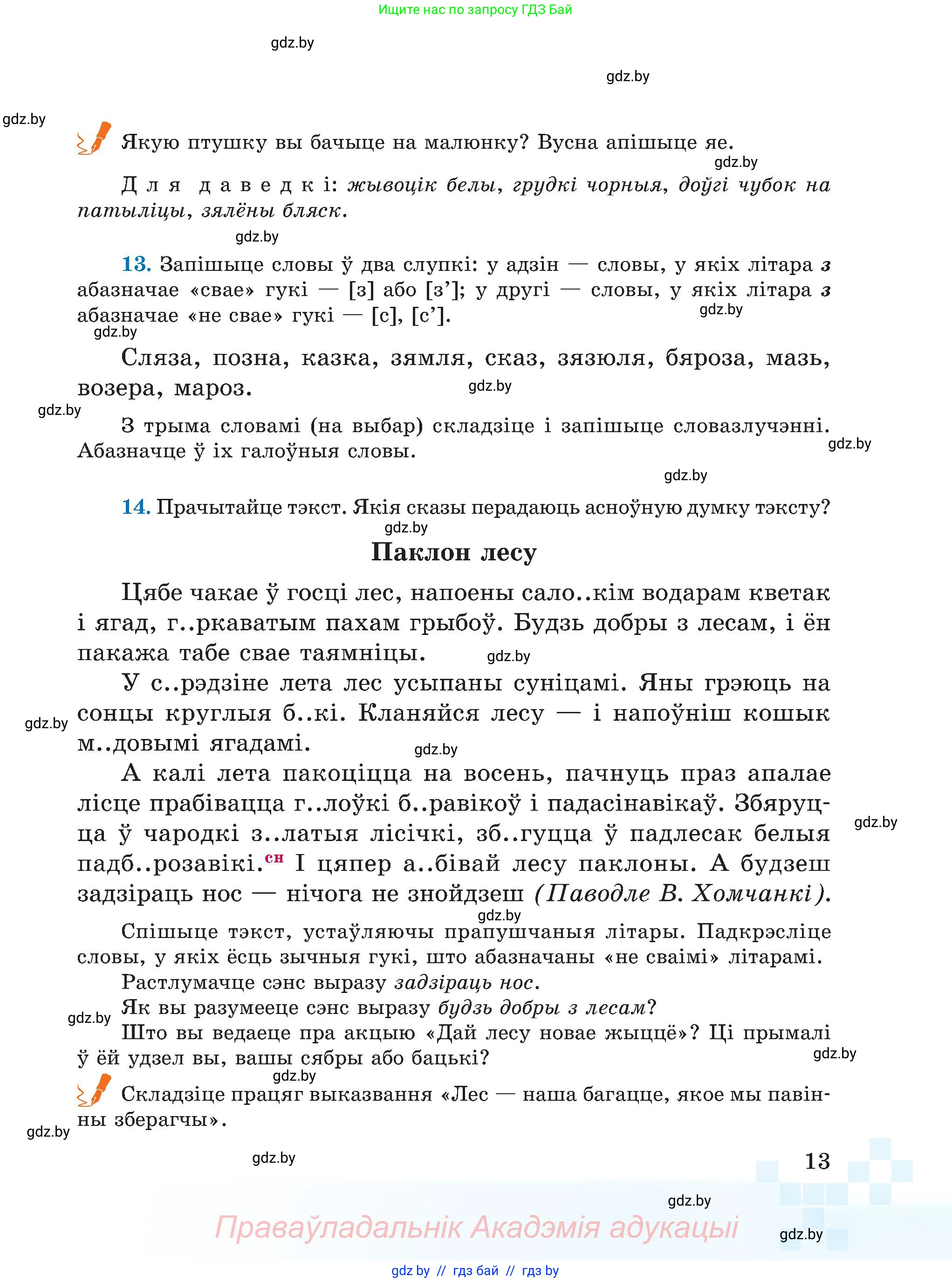 Белорусский язык (Беларуская мова), 5 класс Учебник, авторы: Валочка Ганна Міхайлаўна, Зелянко Вольга Уладзіміраўна, Мартынкевіч Святлана Васільеўна, Якуба Святлана Міхайлаўна, издательство Акадэмія адукацыі, Минск, 2024, голубого цвета, Частка 2, страница 13, номер 13, Условие