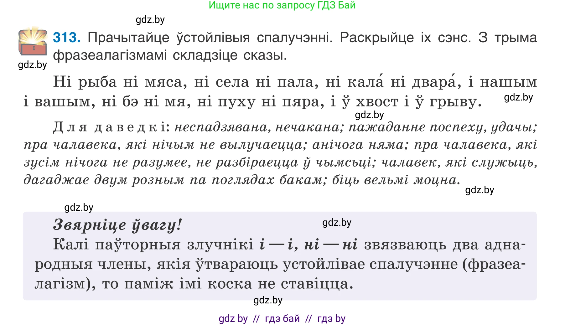Белорусский язык (Беларуская мова), 7 класс Учебник, авторы: Валочка Ганна Міхайлаўна, Зелянко Вольга Уладзіміраўна, Язерская Святлана Анатольеўна, издательство Нацыянальны інстытут адукацыі, Минск, 2020, страница 185, номер 313, Условие