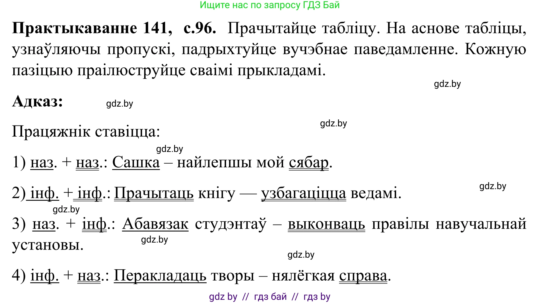 Белорусский язык (Беларуская мова), 8 класс Учебник, авторы: Бадзевіч Зінаіда Іванаўна, Саматыя Ірына Мікалаеўна, издательство Нацыянальны інстытут адукацыі, Минск, 2020, страница 96, номер 141, Решение