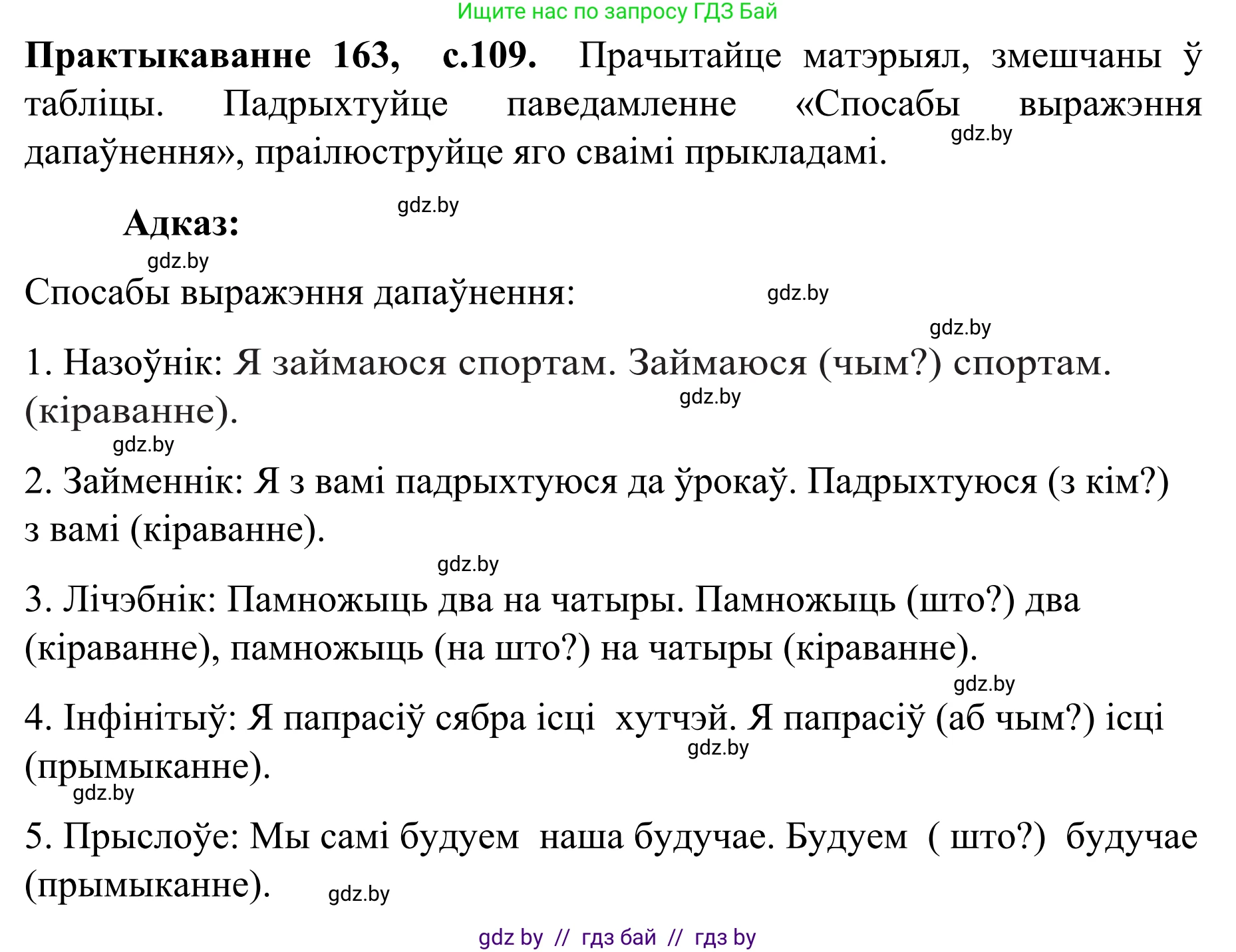 Белорусский язык (Беларуская мова), 8 класс Учебник, авторы: Бадзевіч Зінаіда Іванаўна, Саматыя Ірына Мікалаеўна, издательство Нацыянальны інстытут адукацыі, Минск, 2020, страница 109, номер 163, Решение