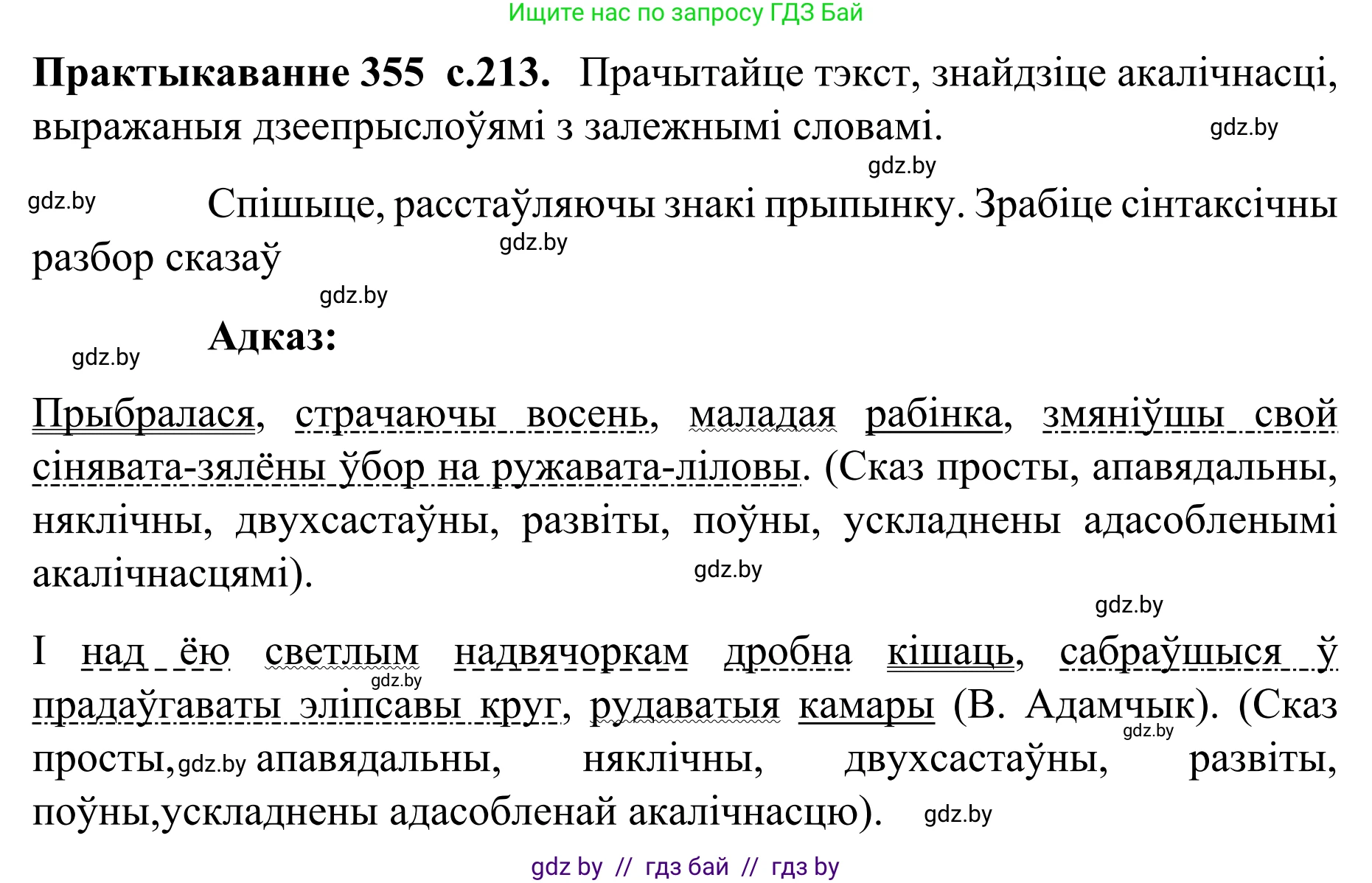 Белорусский язык (Беларуская мова), 8 класс Учебник, авторы: Бадзевіч Зінаіда Іванаўна, Саматыя Ірына Мікалаеўна, издательство Нацыянальны інстытут адукацыі, Минск, 2020, страница 213, номер 355, Решение