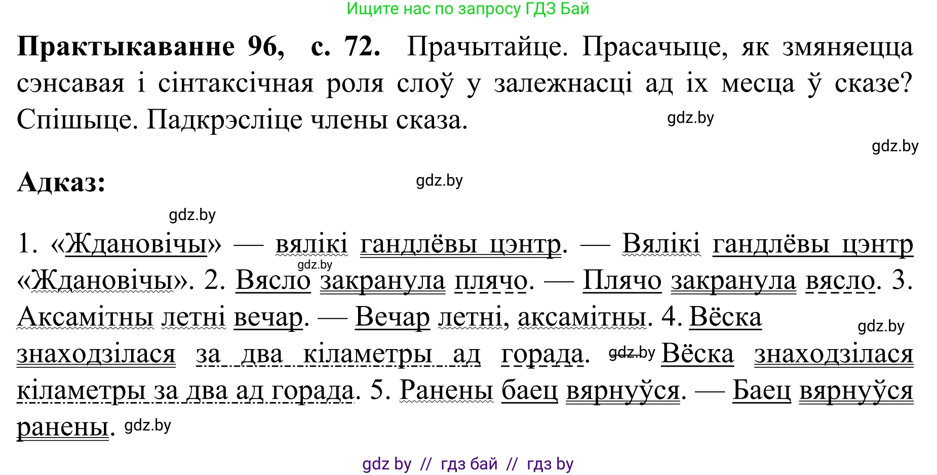 Белорусский язык (Беларуская мова), 8 класс Учебник, авторы: Бадзевіч Зінаіда Іванаўна, Саматыя Ірына Мікалаеўна, издательство Нацыянальны інстытут адукацыі, Минск, 2020, страница 72, номер 96, Решение