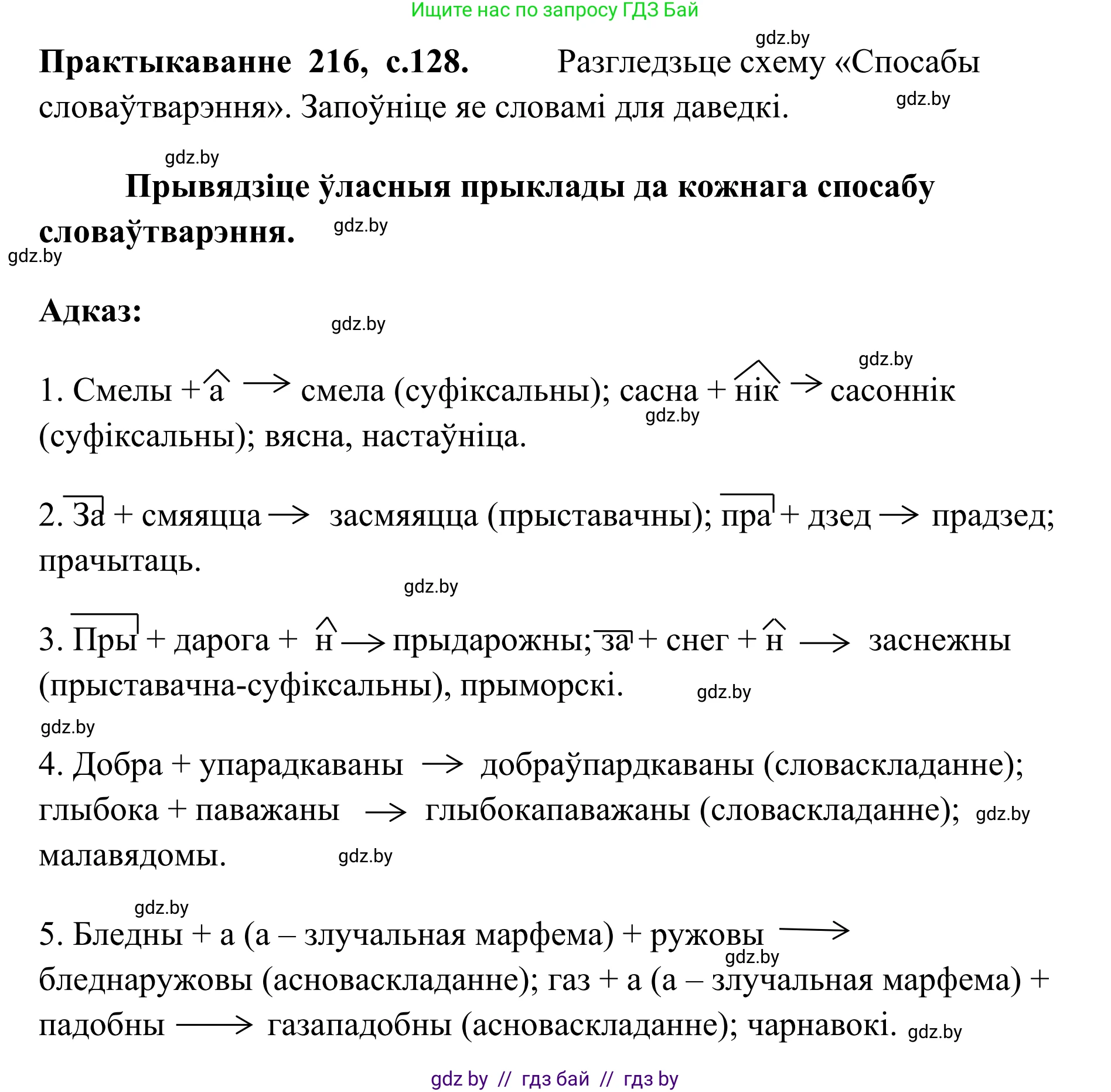 Белорусский язык (Беларуская мова), 10 класс Учебник, авторы: Валочка Ганна Міхайлаўна, Васюковіч Людміла Сяргееўна, Зелянко Вольга Уладзіміраўна, Міхнёнак С С, Якуба Святлана Міхайлаўна, издательство Нацыянальны інстытут адукацыі, Минск, 2020, страница 128, номер 216, Решение 1