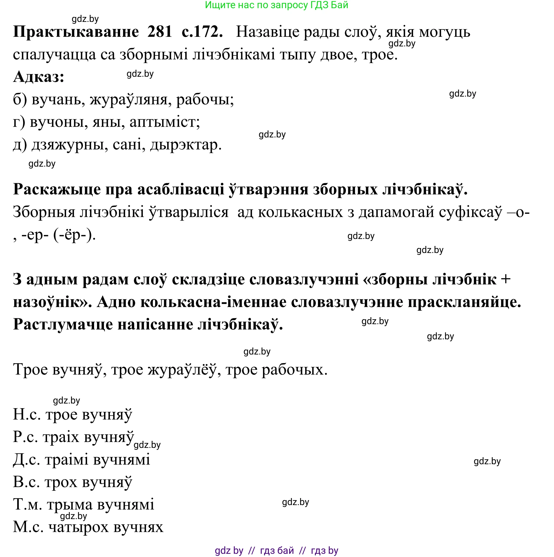 Белорусский язык (Беларуская мова), 10 класс Учебник, авторы: Валочка Ганна Міхайлаўна, Васюковіч Людміла Сяргееўна, Зелянко Вольга Уладзіміраўна, Міхнёнак С С, Якуба Святлана Міхайлаўна, издательство Нацыянальны інстытут адукацыі, Минск, 2020, страница 172, номер 281, Решение 1
