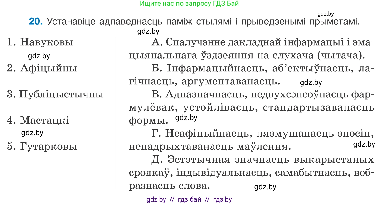 Белорусский язык (Беларуская мова), 11 класс Учебник, авторы: Валочка Ганна Міхайлаўна, Васюковіч Людміла Сяргееўна, Зелянко Вольга Уладзіміраўна, Міхнёнак С С, Якуба Святлана Міхайлаўна, издательство Нацыянальны інстытут адукацыі, Минск, 2021, страница 16, номер 20, Условие