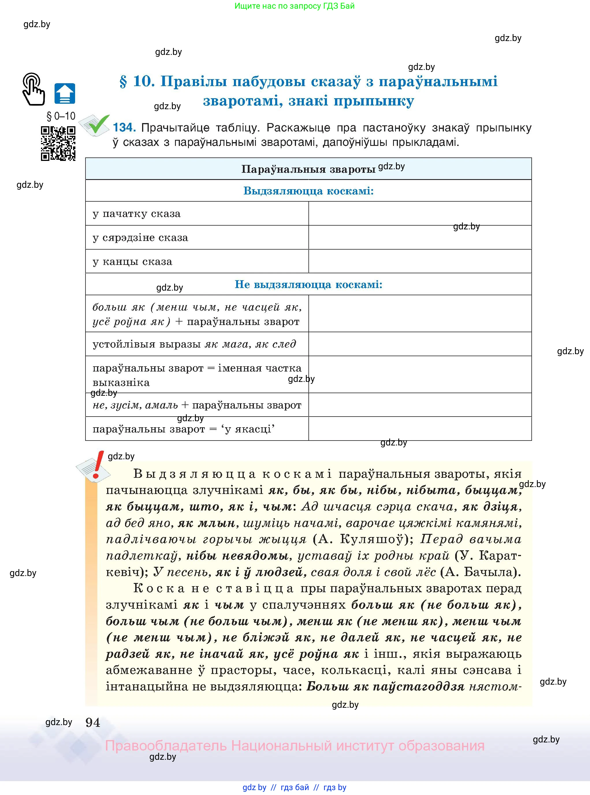 Белорусский язык (Беларуская мова), 11 класс Учебник, авторы: Валочка Ганна Міхайлаўна, Васюковіч Людміла Сяргееўна, Зелянко Вольга Уладзіміраўна, Міхнёнак С С, Якуба Святлана Міхайлаўна, издательство Нацыянальны інстытут адукацыі, Минск, 2021, страница 94