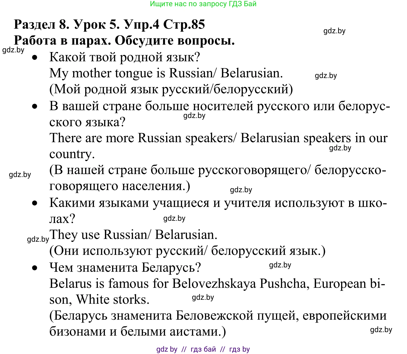 Английский язык (english), 5 класс Учебник, авторы: Демченко Наталья Валентиновна, Севрюкова Татьяна Юрьевна, Наумова Елена Георгиевна, Юхнель Наталья Валентиновна, Лапицкая Людмила Михайловна (Lapitskaya Ludmila), издательство Адукацыя i выхаванне, Минск, 2017, Часть ( Part) 2, страница 85, номер 4, Решение 2