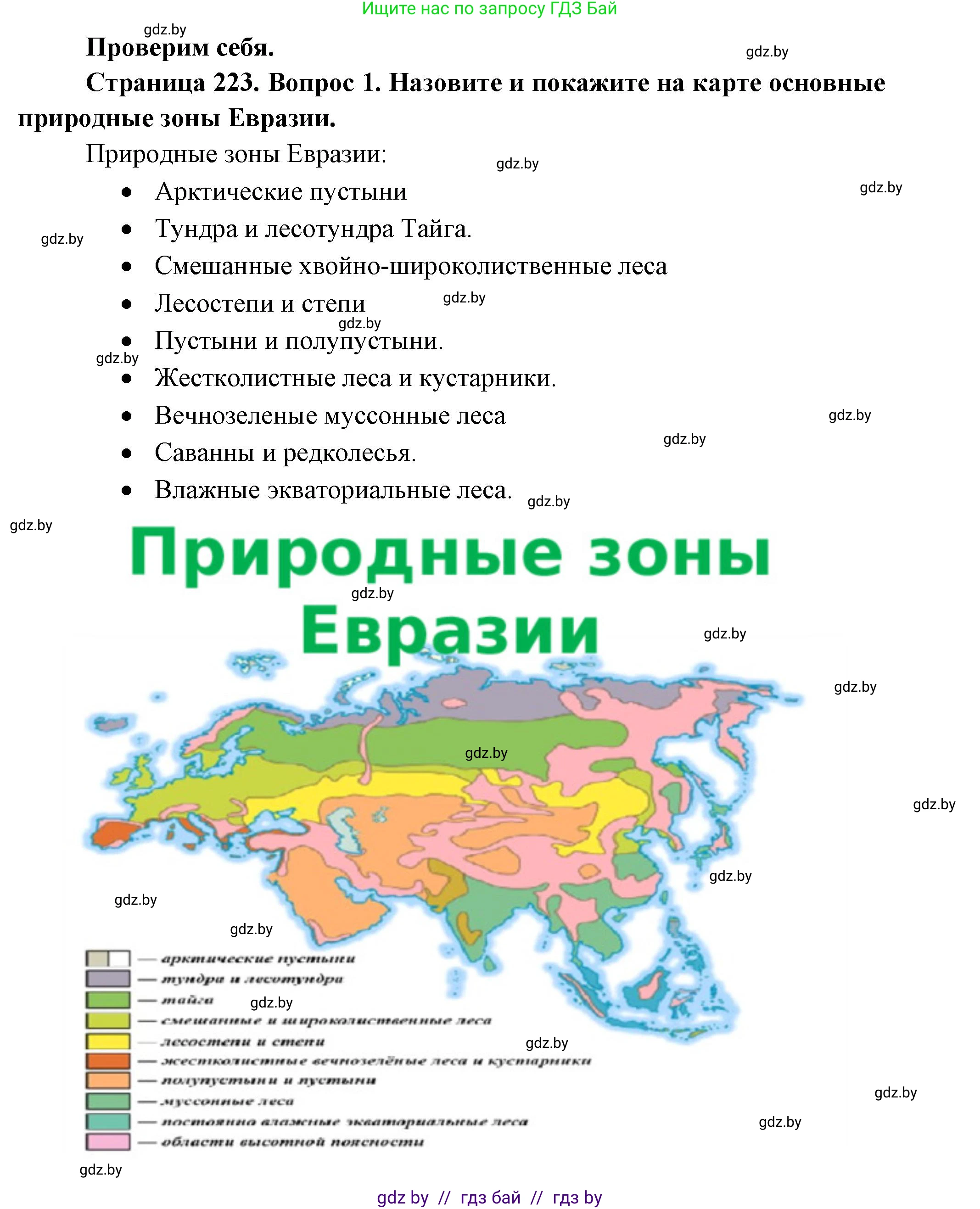 География, 7 класс Учебник, авторы: Кольмакова Елена Генадьевна, Лопух Пётр Степанович, Сарычева Ольга Владимировна, издательство Адукацыя i выхаванне, Минск, 2023, страница 223, номер 1, Решение