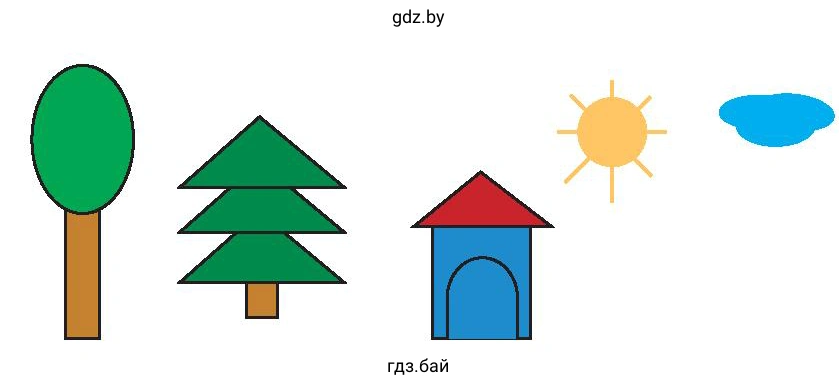 На изображении паказаны: дерево, елка, будка, солнце, тучка