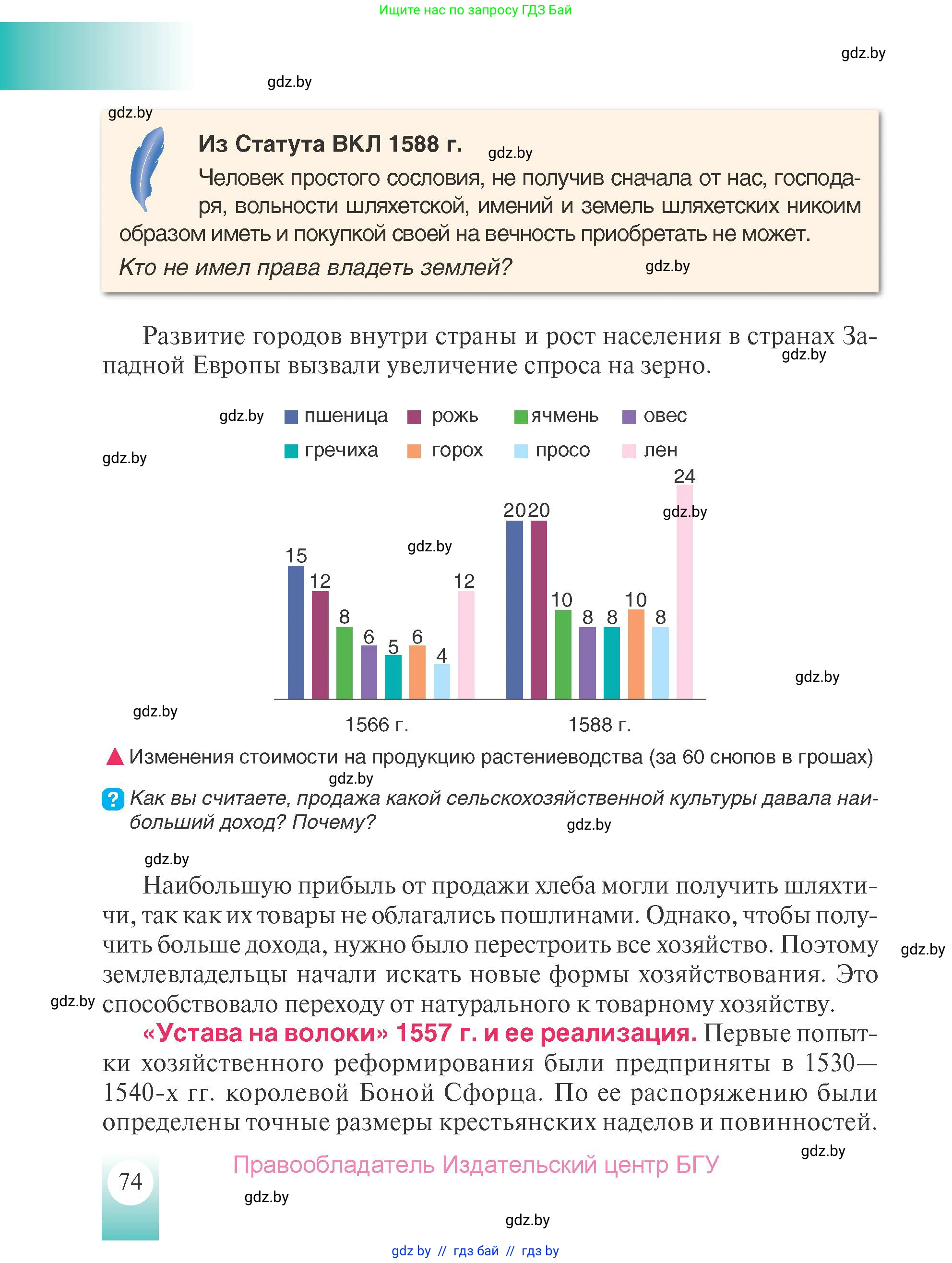 История Беларуси (Гісторыя Беларусі), 7 класс Учебник, авторы: Воронин Василий Алексеевич, Скепьян Анастасия Анатольевна, Мацук Андрей Владимирович, Кравченко Ольга Викторовна, издательство Издательский центр БГУ, Минск, 2017, страница 74