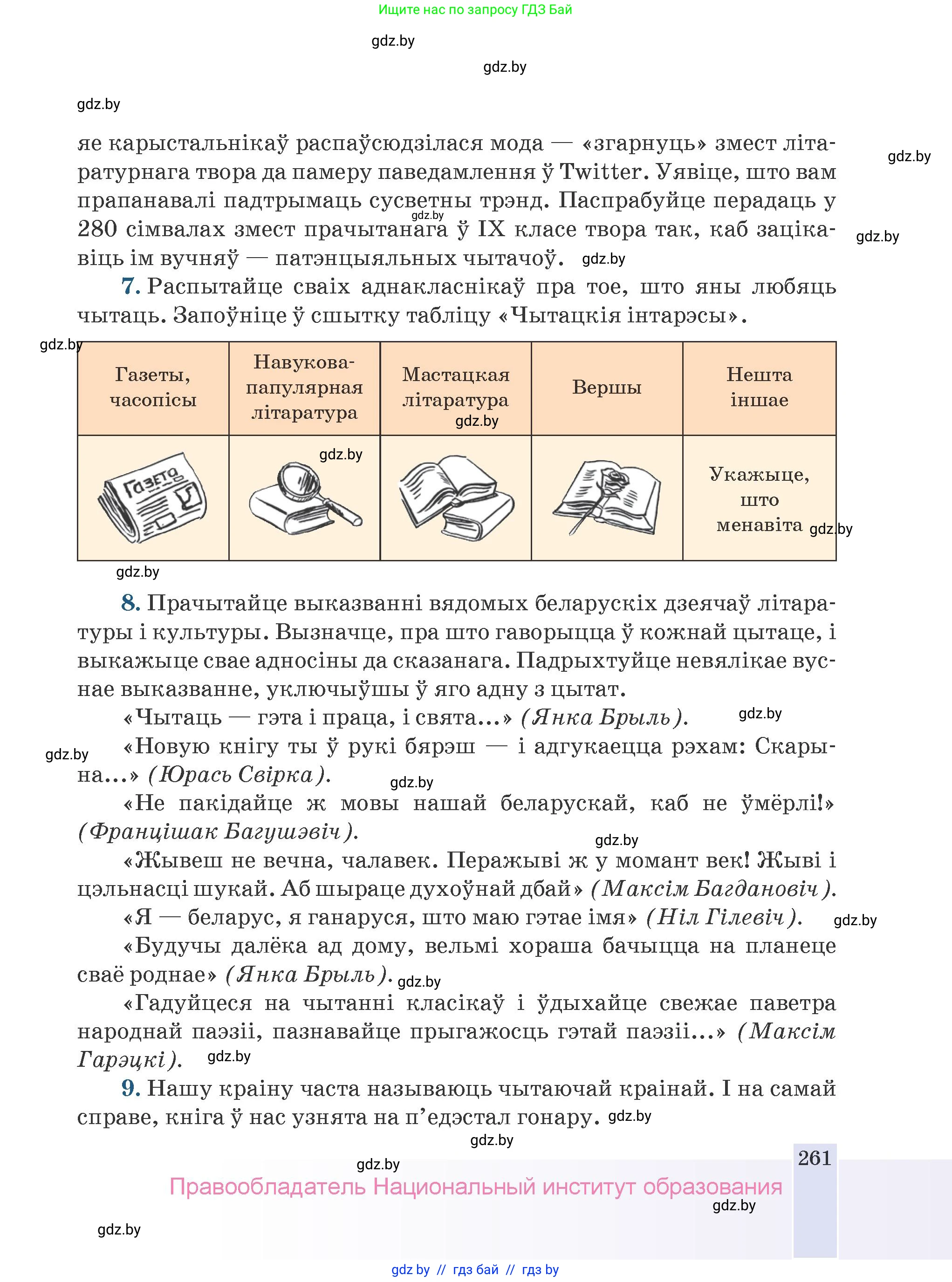Белорусская литература (Беларуская літаратура), 9 класс Учебник, авторы: Праскаловіч Вольга Уладзіміраўна, Рагойша Вячаслаў Пятровіч, Шамякіна Таццяна Іванаўна, Кабржыцкая Т В, Жуковіч Мікалай Васільевіч, издательство Нацыянальны інстытут адукацыі, Минск, 2019, салатового цвета, страница 261