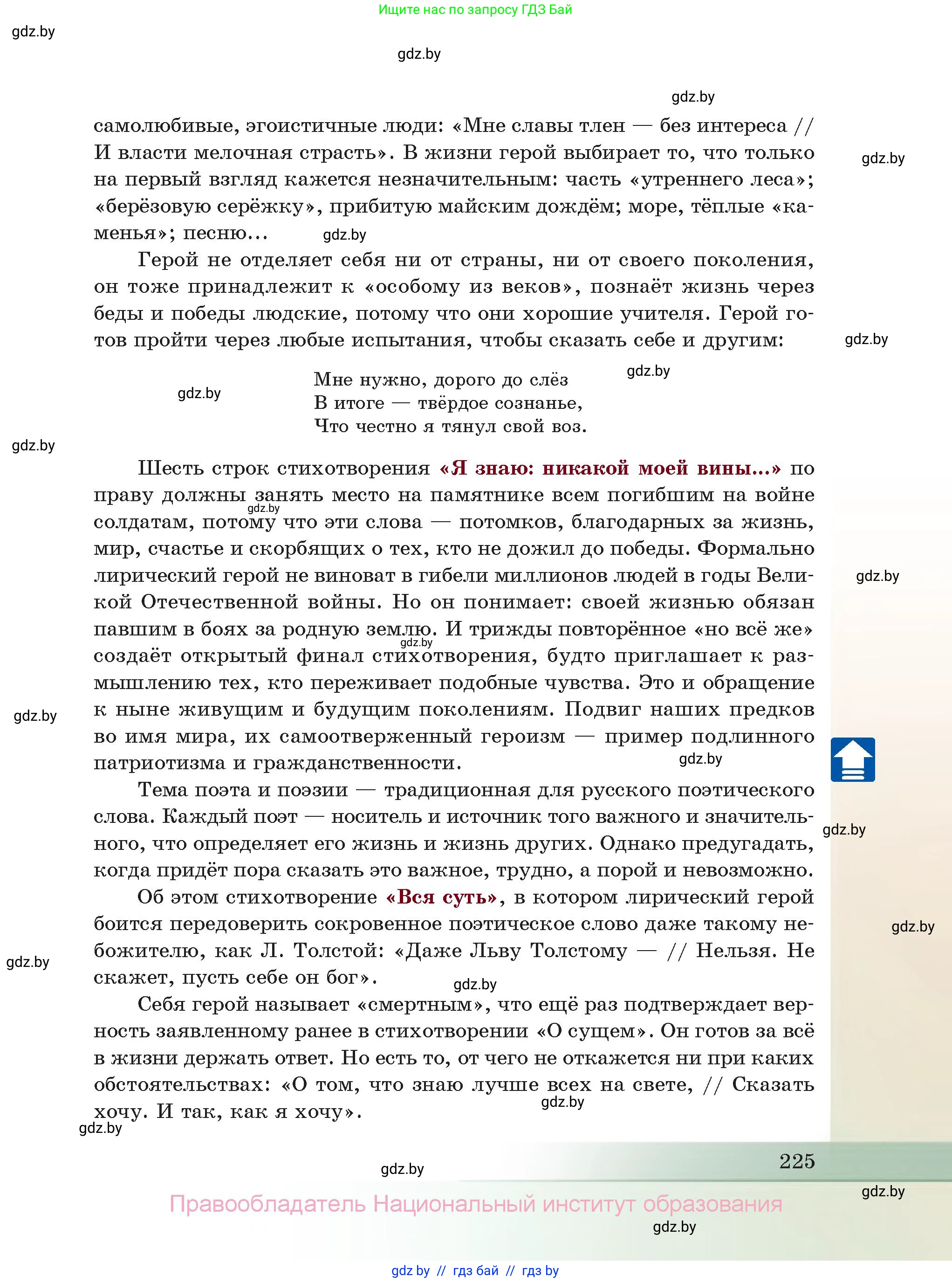 Русская литература, 11 класс Учебник, авторы: Сенькевич Татьяна Васильевна, Капшай Наталья Павловна, Кушнерёва Людмила Алексеевна, Темушева Екатерина Александровна, издательство Национальный институт образования, Минск, 2021, страница 225