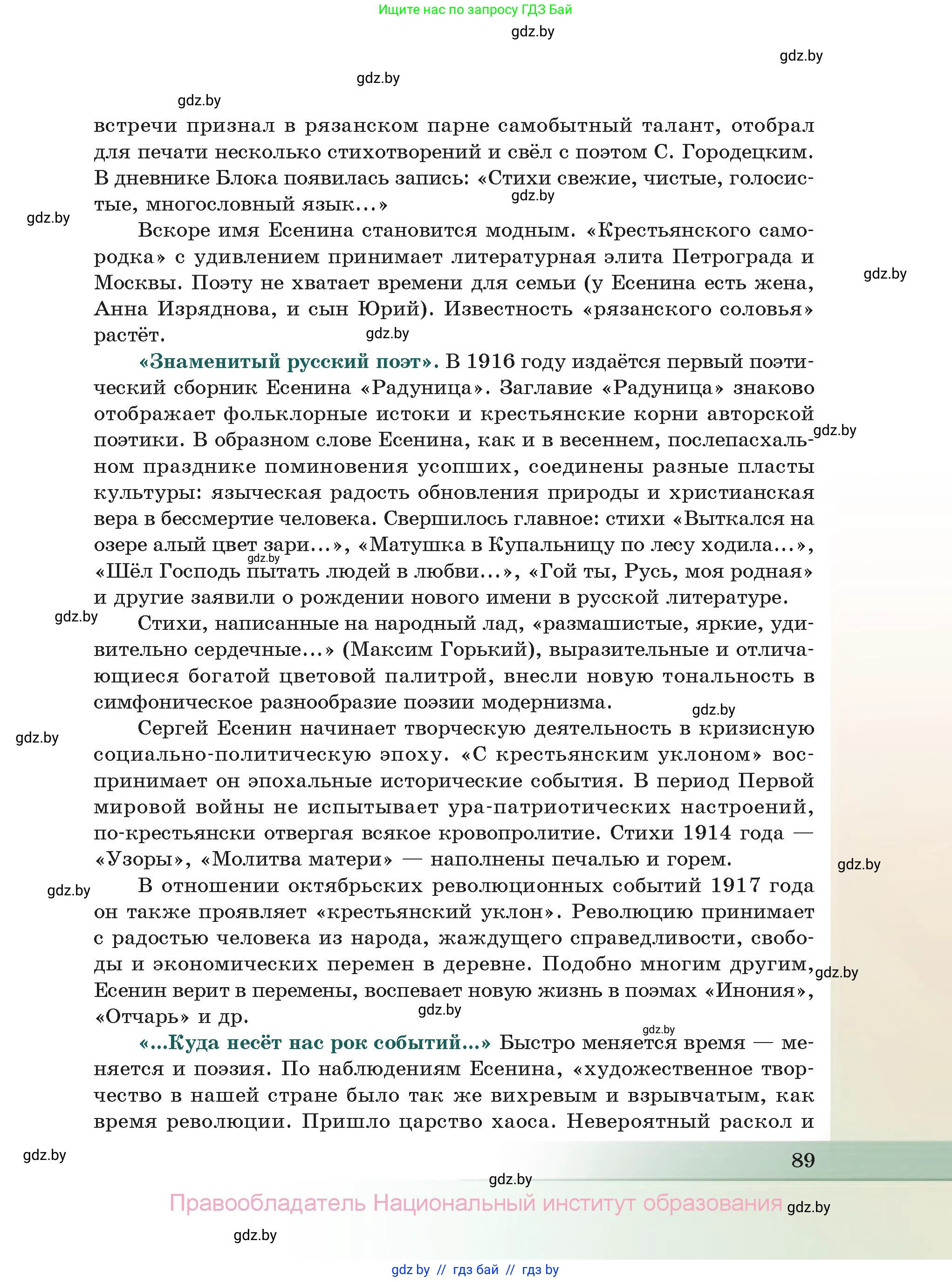 Русская литература, 11 класс Учебник, авторы: Сенькевич Татьяна Васильевна, Капшай Наталья Павловна, Кушнерёва Людмила Алексеевна, Темушева Екатерина Александровна, издательство Национальный институт образования, Минск, 2021, страница 89