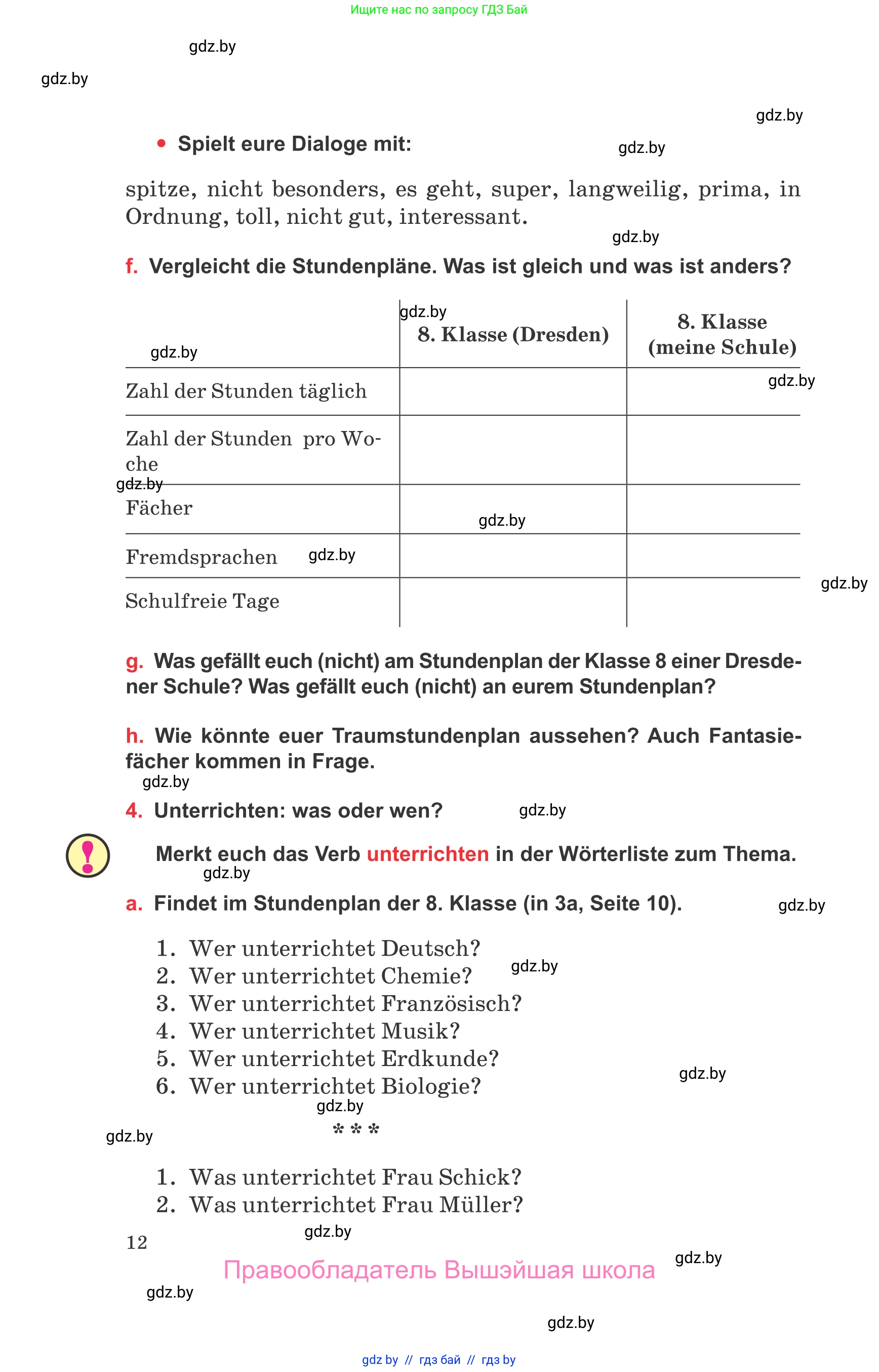 Немецкий язык (Deutsch), 8 класс Учебник (Schülerbuch), авторы: Будько Антонина Филипповна (Budjko Antonina), Урбанович Инна Ювинальевна (Urbanowitsch Ina), издательство Вышэйшая школа, Минск, 2018, страница 12