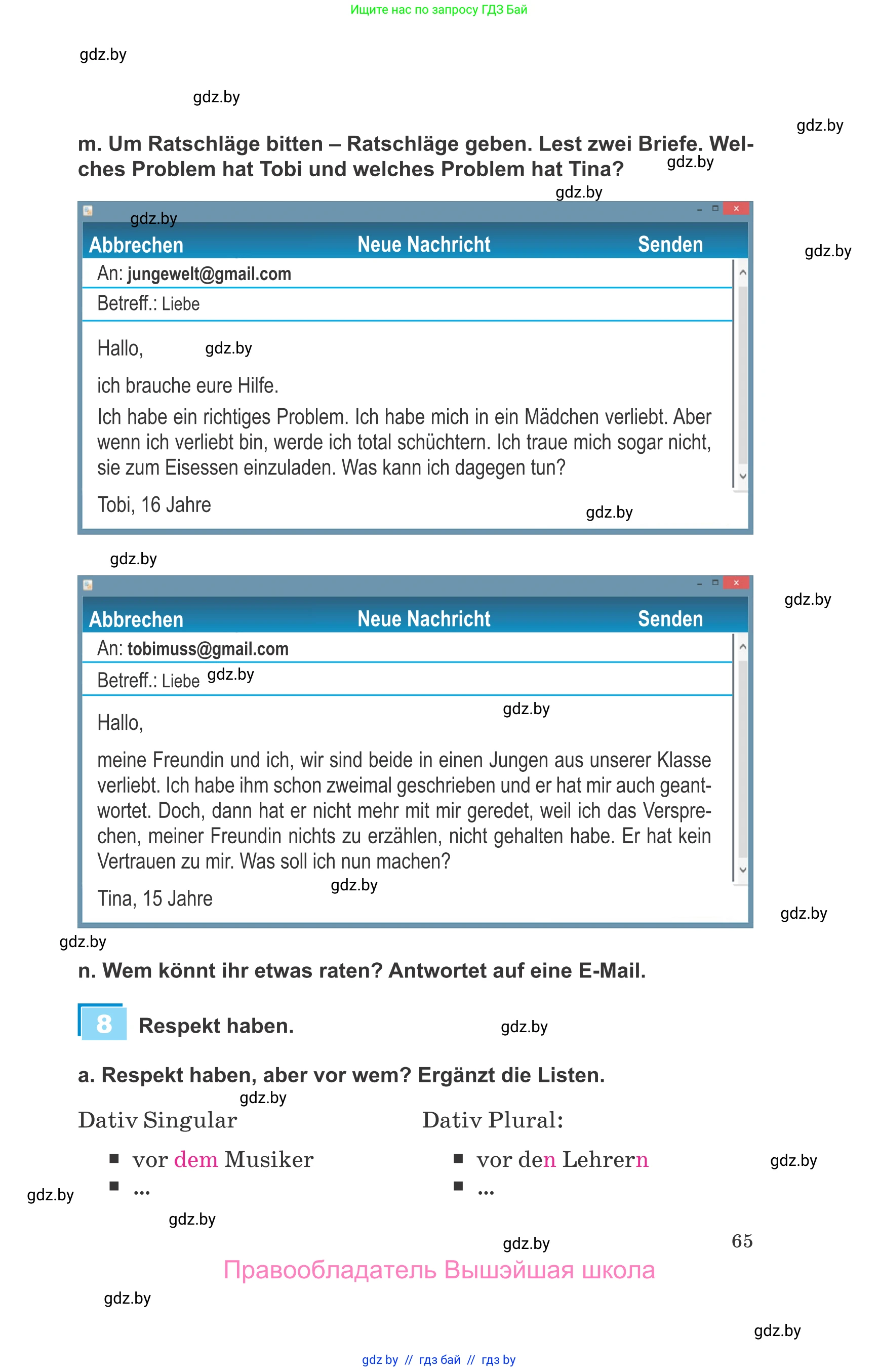 Немецкий язык (Deutsch), 9 класс Учебник (Schülerbuch), авторы: Будько Антонина Филипповна (Budjko Antonina), Урбанович Инна Ювинальевна (Urbanowitsch Ina), издательство Вышэйшая школа, Минск, 2018, серого цвета, страница 65