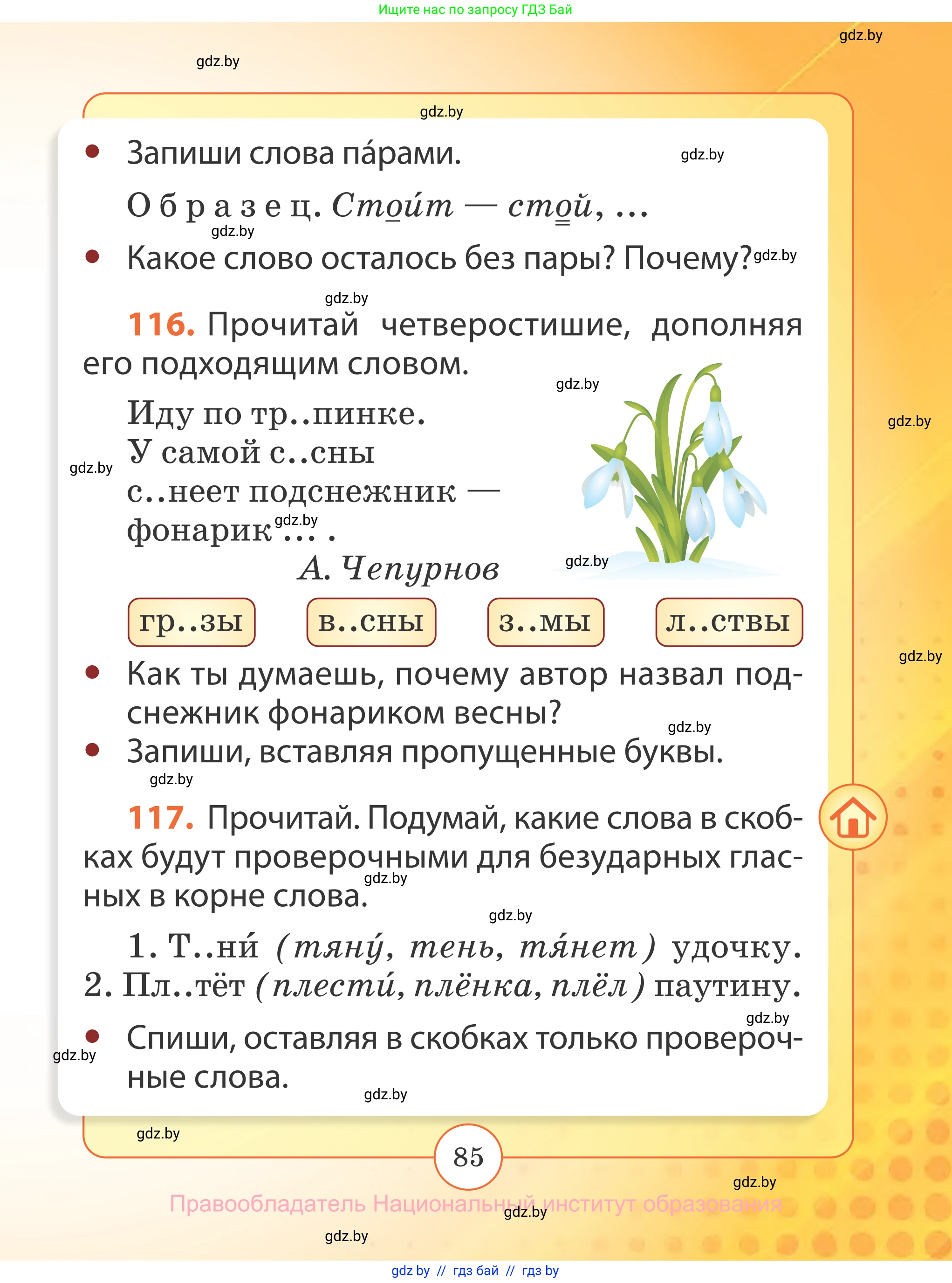 Русский язык, 2 класс Учебник, авторы: Гулецкая Елена Алексеевна, Федорович Галина Михайловна, издательство Национальный институт образования, Минск, 2022, коричневого цвета, Часть 2, страница 85