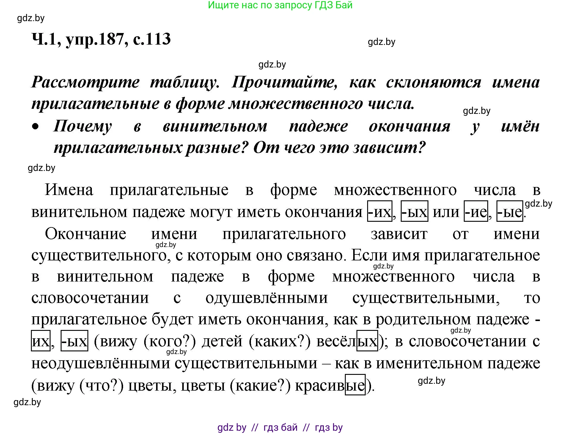 Русский язык, 4 класс Учебник, авторы: Антипова Маргарита Борисовна, Верниковская Алла Викторовна, Грабчикова Елена Самарьевна, издательство Академия образования, Минск, 2024, оранжевого цвета, Часть 1, страница 113, номер 187, Решение