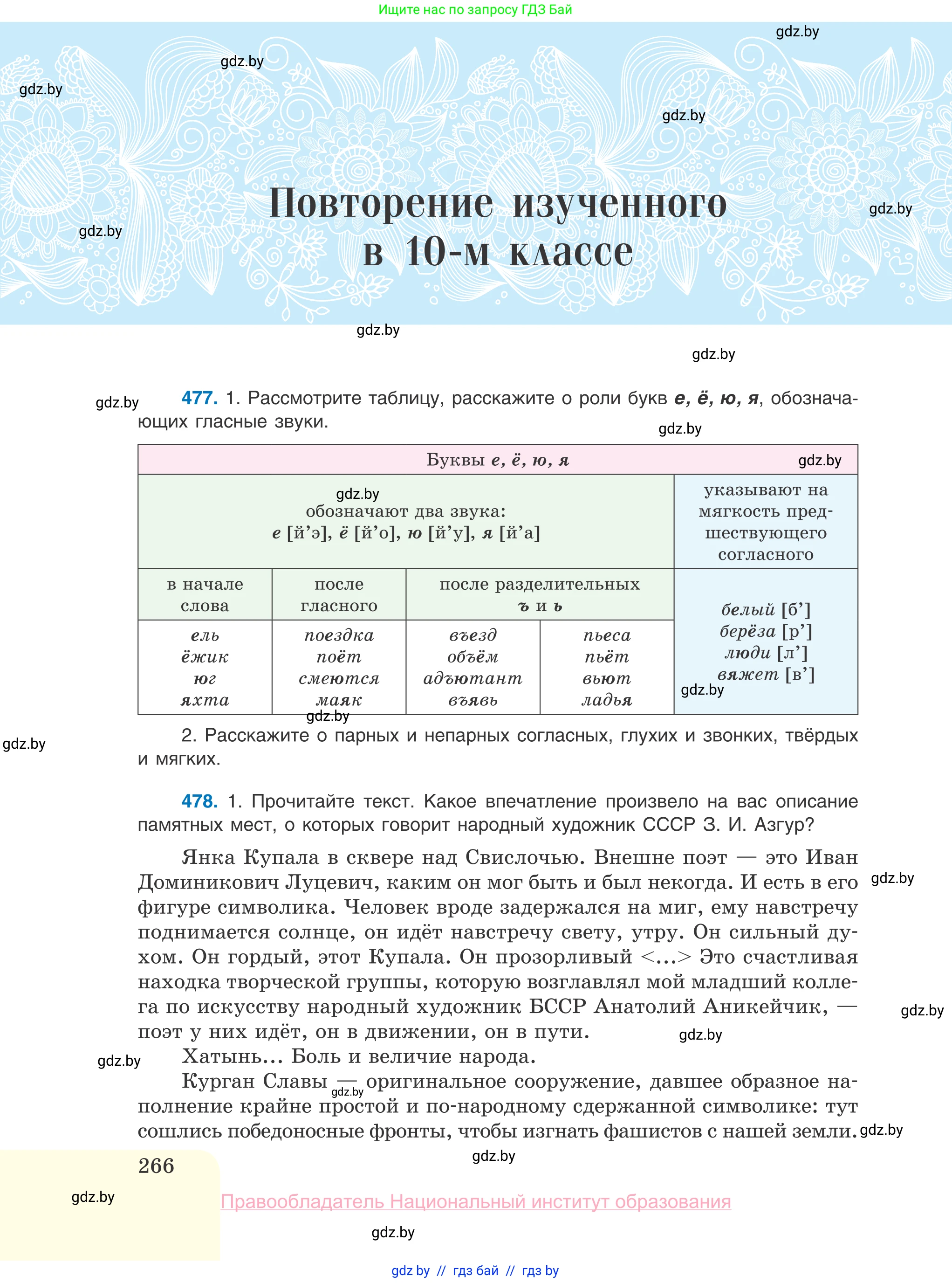 Русский язык, 10 класс Учебник, авторы: Леонович Валентина Леонидовна, Саникович Валентина Александровна, Литвинко Франя Михайловна, Волынец Татьяна Николаевна, Долбик Елена Евгеньевна, Малецкая М И, Мурина Лариса Александровна, Таяновская И В, издательство Национальный институт образования, Минск, 2020, страница 266