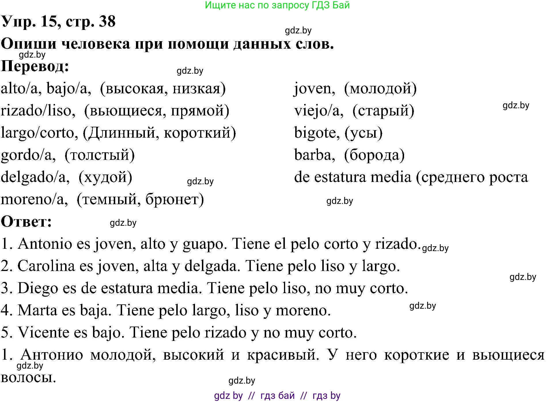 Испанский язык, 4 класс Учебник, авторы: Гриневич Елена Карловна, Бахар Лариса Николаевна, издательство Вышэйшая школа, Минск, 2019, красного цвета, Часть 1, страница 38, номер 15, Решение