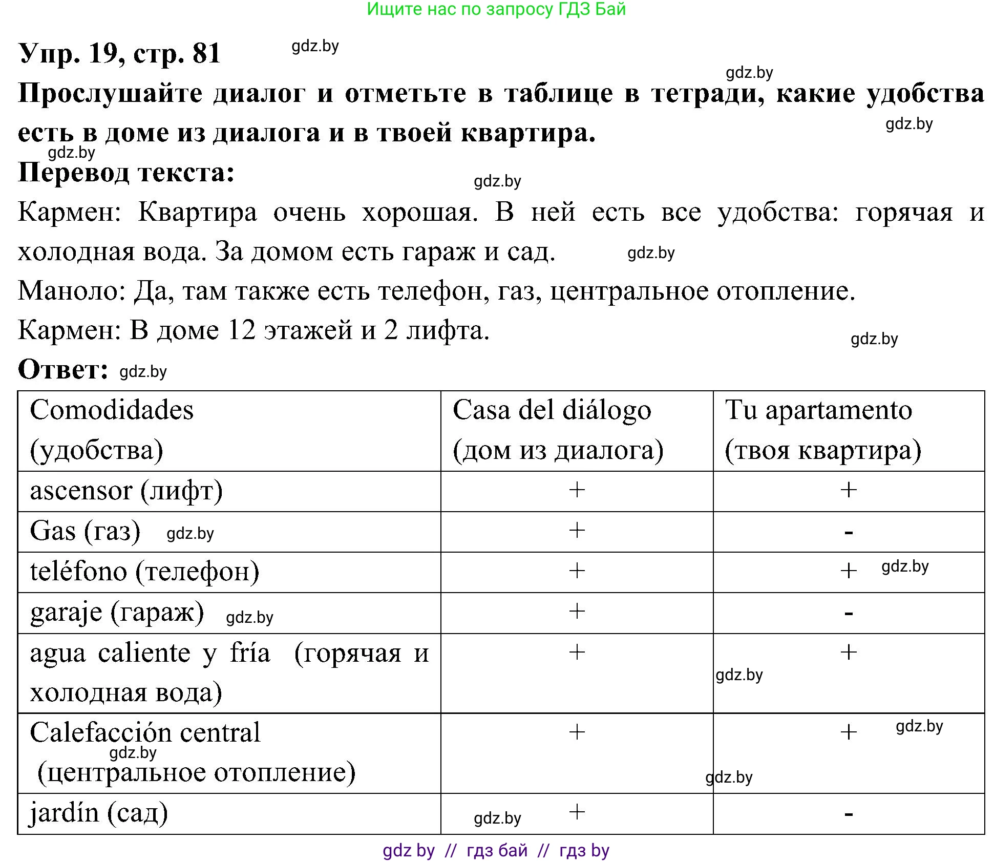 Испанский язык, 4 класс Учебник, авторы: Гриневич Елена Карловна, Бахар Лариса Николаевна, издательство Вышэйшая школа, Минск, 2019, красного цвета, Часть 1, страница 81, номер 19, Решение