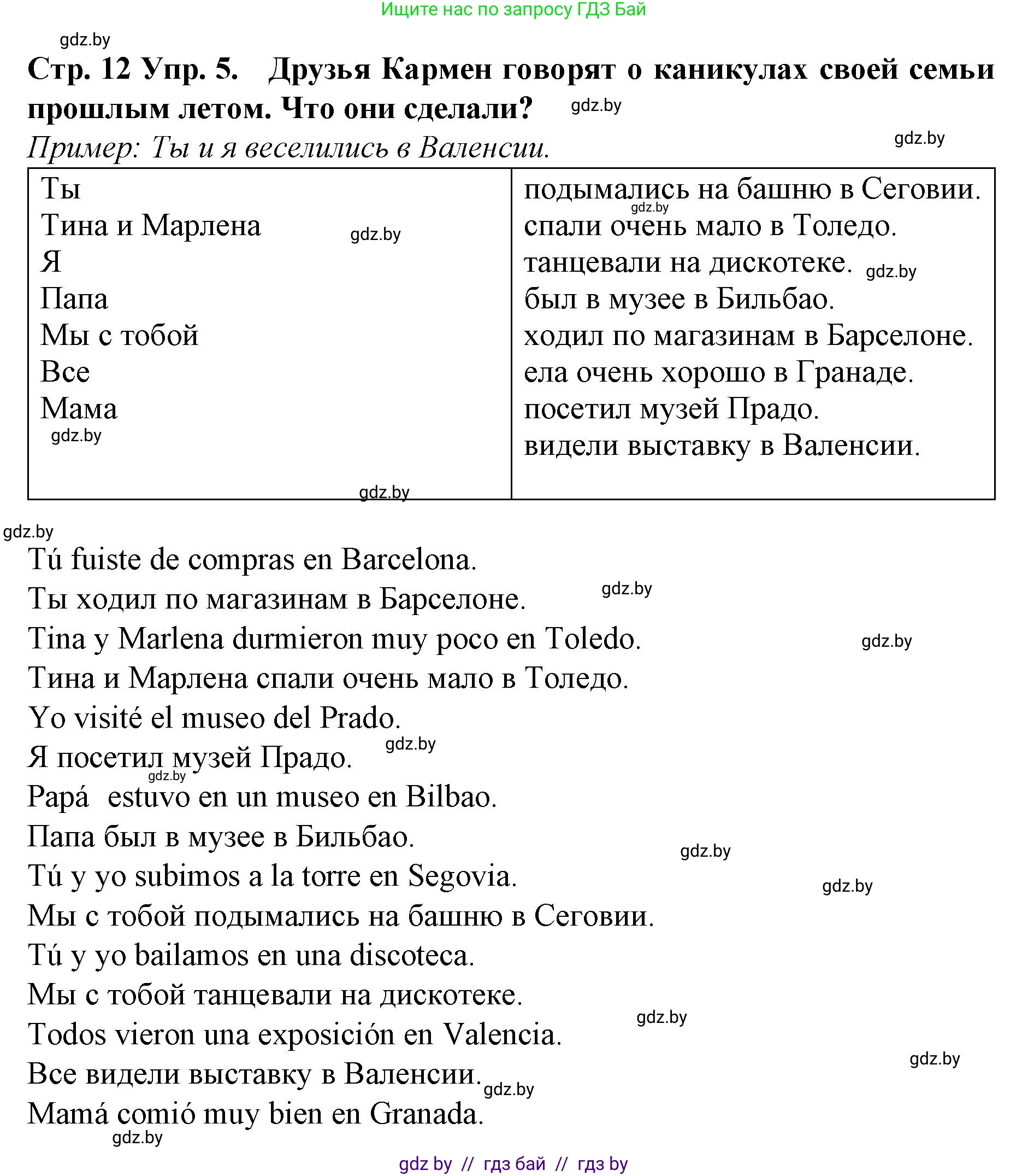 Испанский язык, 6 класс Учебник, автор: Гриневич Елена Карловна, издательство Вышэйшая школа, Минск, 2016, зелёного цвета, страница 12, номер 5, Решение
