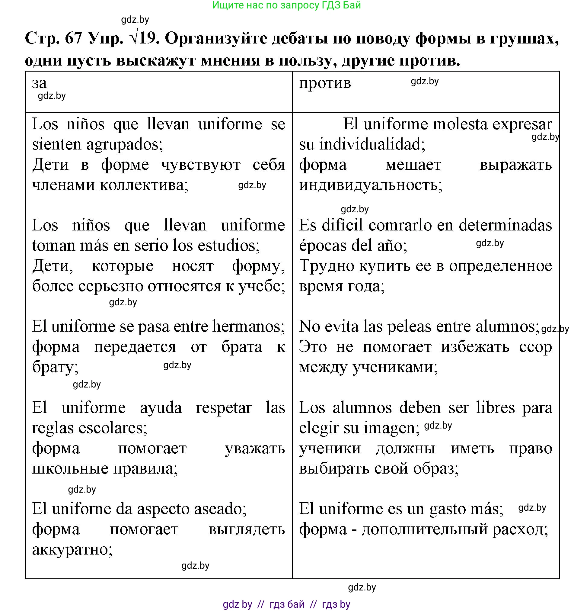 Испанский язык, 6 класс Учебник, автор: Гриневич Елена Карловна, издательство Вышэйшая школа, Минск, 2016, зелёного цвета, страница 67, номер 19, Решение