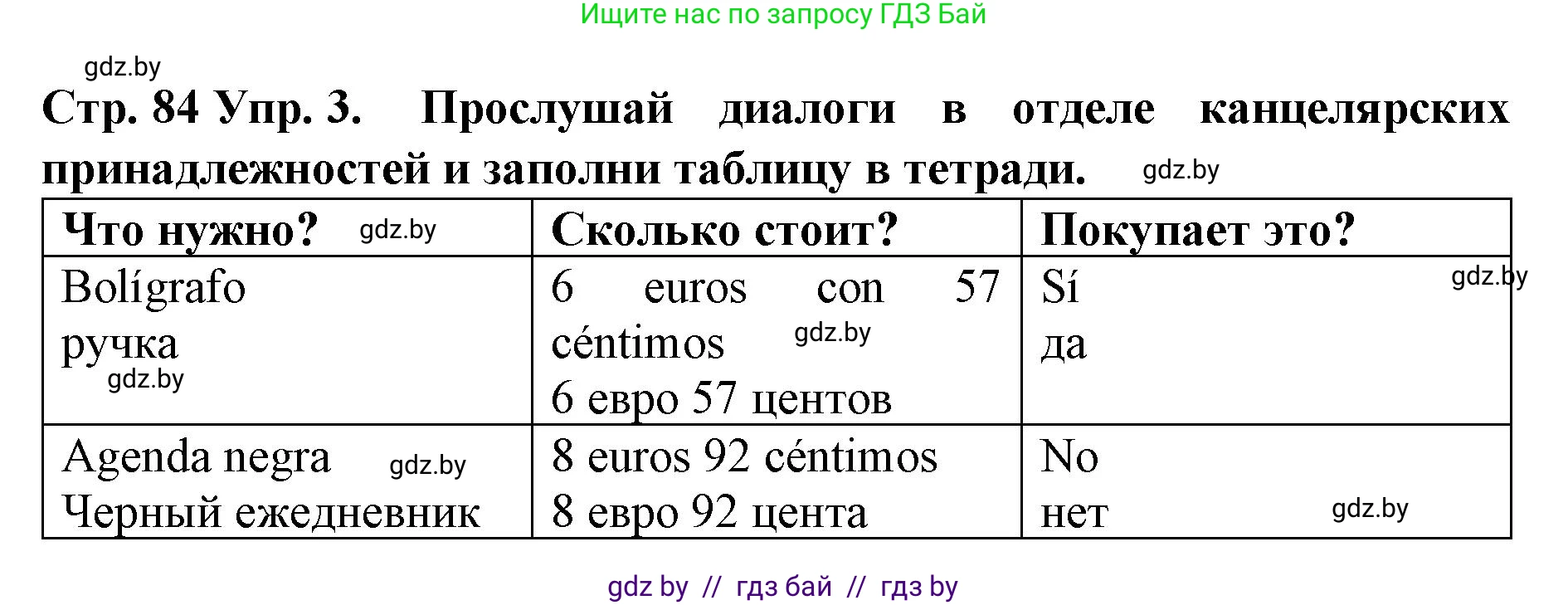 Испанский язык, 6 класс Учебник, автор: Гриневич Елена Карловна, издательство Вышэйшая школа, Минск, 2016, зелёного цвета, страница 84, номер 3, Решение