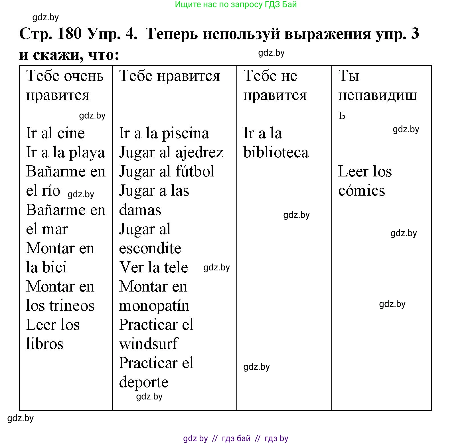 Испанский язык, 6 класс Учебник, автор: Гриневич Елена Карловна, издательство Вышэйшая школа, Минск, 2016, зелёного цвета, страница 180, номер 4, Решение