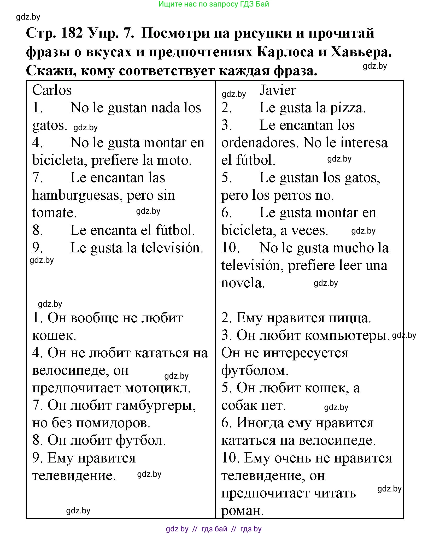 Испанский язык, 6 класс Учебник, автор: Гриневич Елена Карловна, издательство Вышэйшая школа, Минск, 2016, зелёного цвета, страница 182, номер 7, Решение