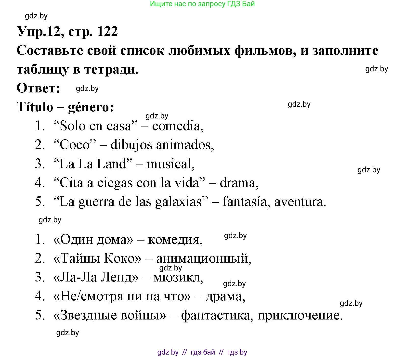 Испанский язык, 8 класс Учебник, авторы: Цыбулева Татьяна Эдуардовна, Пушкина Ольга Александровна, издательство Издательский центр БГУ, Минск, 2016, оранжевого цвета, страница 122, номер 12, Решение