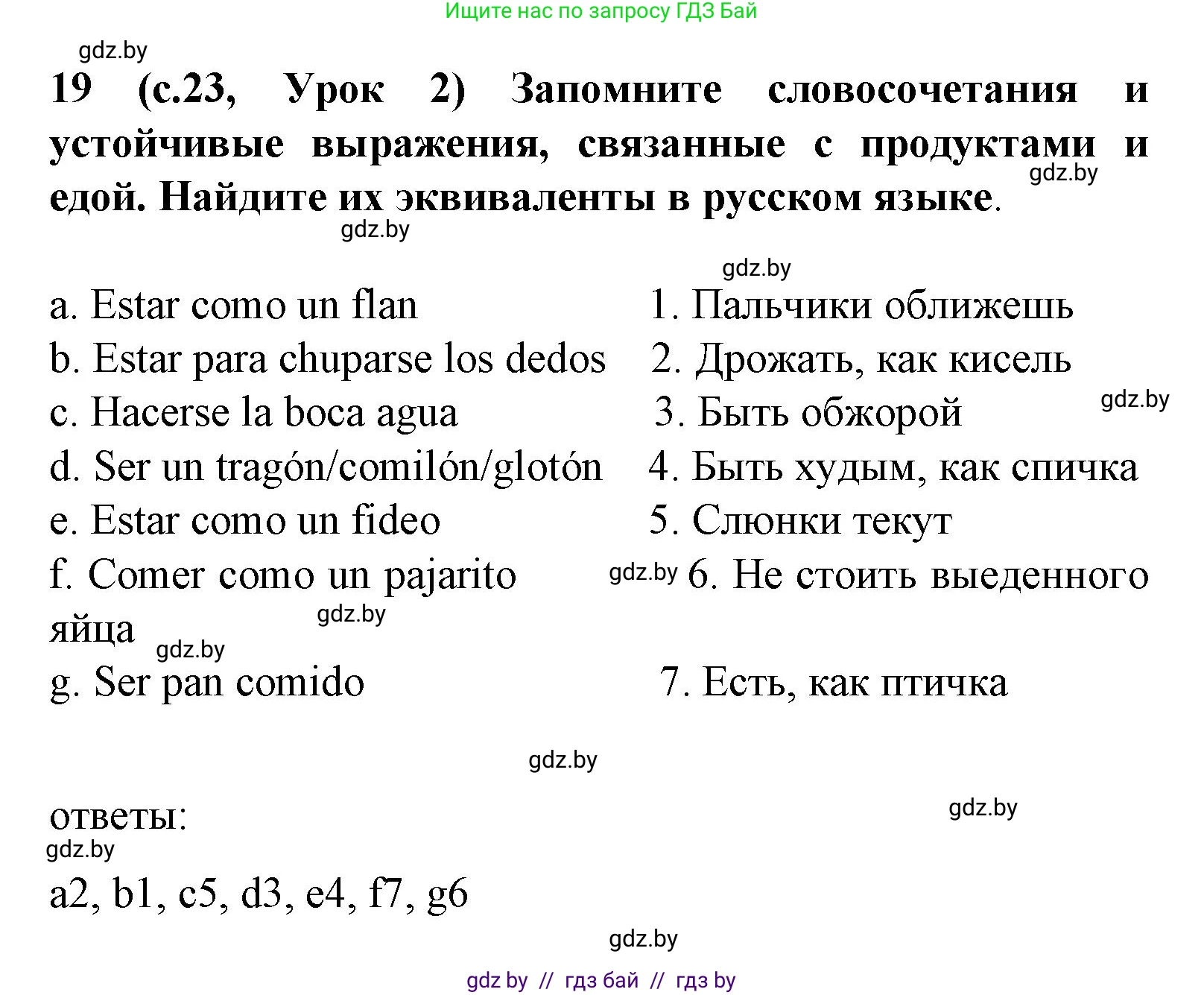 Испанский язык, 8 класс Учебник, автор: Гриневич Елена Карловна, издательство Вышэйшая школа, Минск, 2011, оранжевого цвета, страница 23, номер 19, Решение