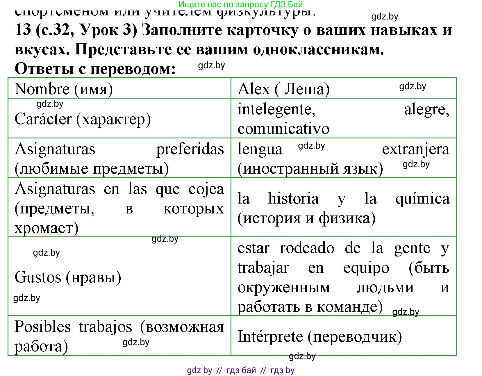 Испанский язык, 9 класс Учебник, авторы: Цыбулева Татьяна Эдуардовна, Пушкина Ольга Александровна, издательство Издательский центр БГУ, Минск, 2017, страница 32, номер 13, Решение