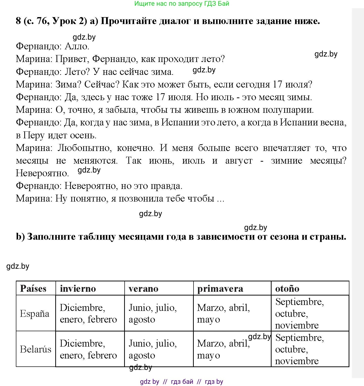 Испанский язык, 9 класс Учебник, авторы: Цыбулева Татьяна Эдуардовна, Пушкина Ольга Александровна, издательство Издательский центр БГУ, Минск, 2017, страница 75, номер 8, Решение