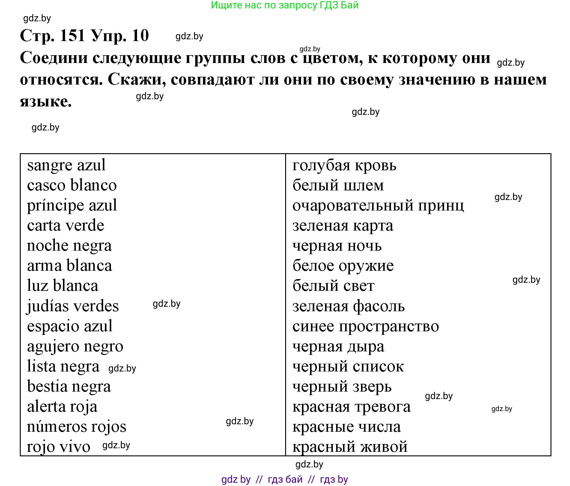 Испанский язык, 10 класс Учебник, авторы: Гриневич Елена Карловна, Янукенас Ольга Викторовна, издательство Вышэйшая школа, Минск, 2019, оранжевого цвета, страница 151, номер 10, Решение