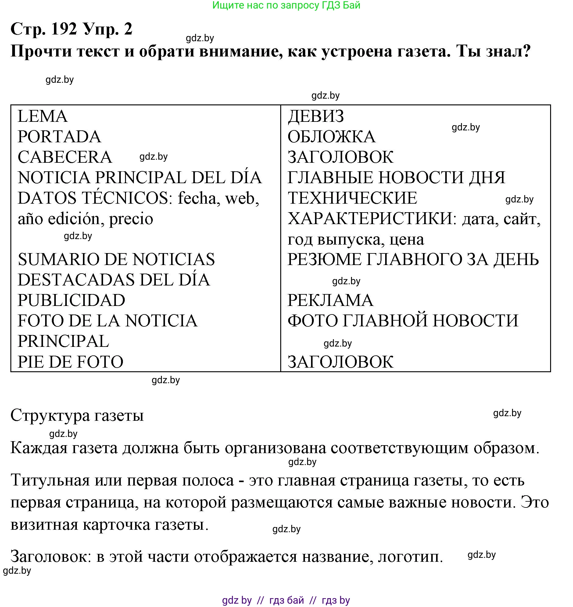 Испанский язык, 10 класс Учебник, авторы: Гриневич Елена Карловна, Янукенас Ольга Викторовна, издательство Вышэйшая школа, Минск, 2019, оранжевого цвета, страница 192, номер 2, Решение