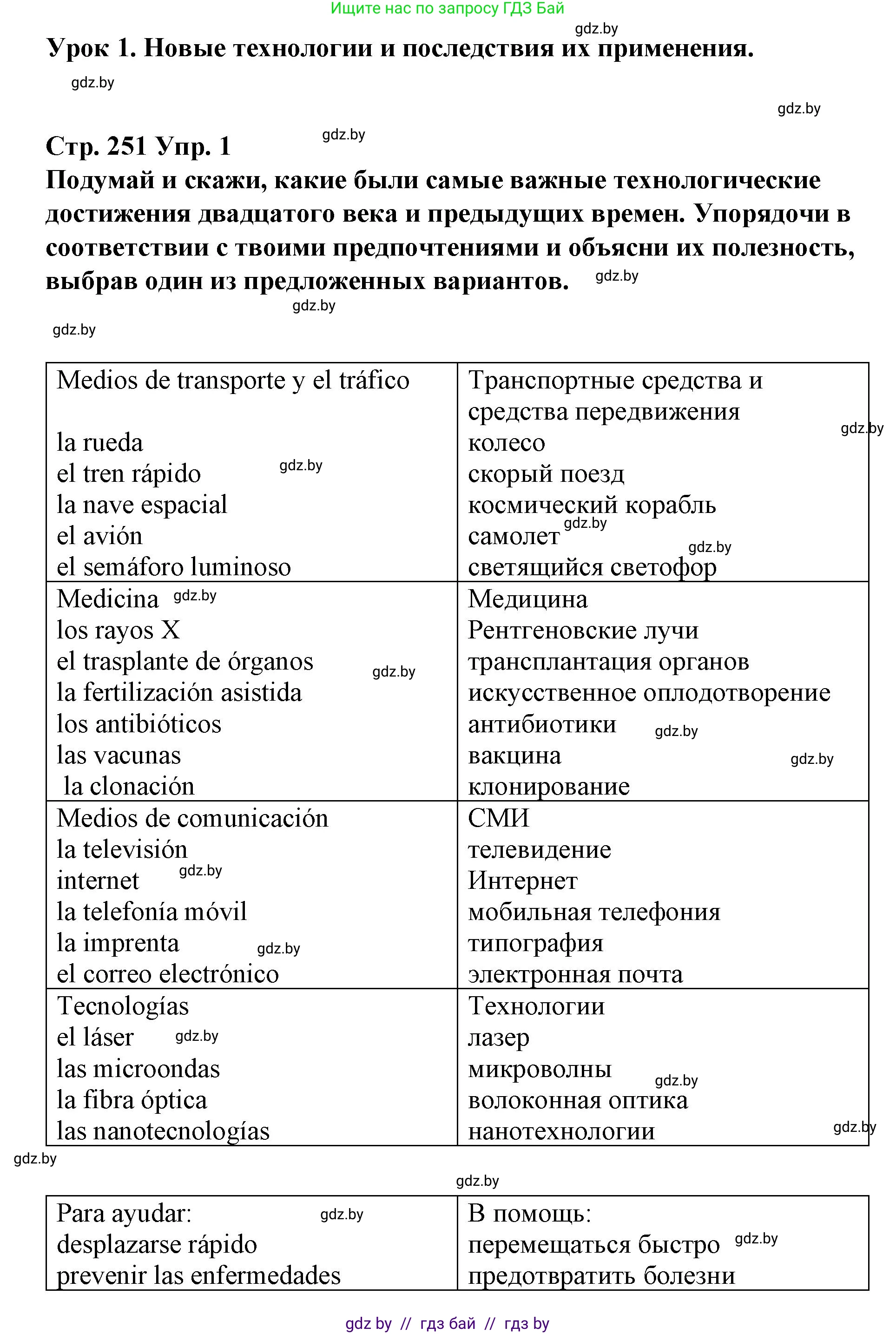 Испанский язык, 10 класс Учебник, авторы: Гриневич Елена Карловна, Янукенас Ольга Викторовна, издательство Вышэйшая школа, Минск, 2019, оранжевого цвета, страница 251, номер 1, Решение