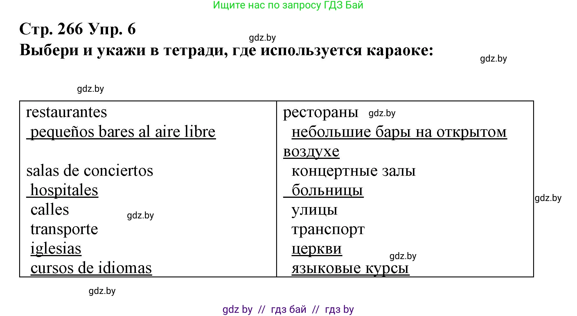 Испанский язык, 10 класс Учебник, авторы: Гриневич Елена Карловна, Янукенас Ольга Викторовна, издательство Вышэйшая школа, Минск, 2019, оранжевого цвета, страница 266, номер 6, Решение